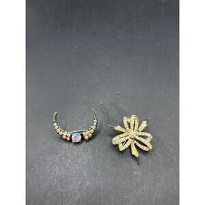 Vintage PELL Signed Silver Tone Rhinestone Bow & Moon Pin Brooch Lot of 2